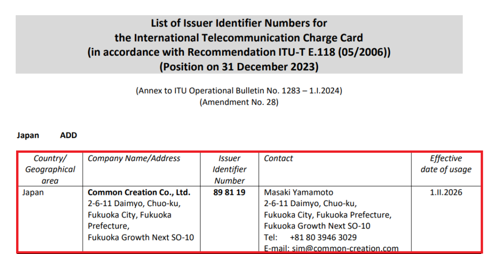 ITU Operational Bulletin No.1334より引用